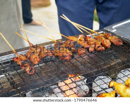 Malaysian famous traditional food called sate. Meat or chicken marinated with mix spices and grill using hot charcoal. Grill in action.