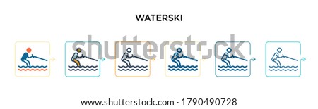 Waterski vector icon in 6 different modern styles. Black, two colored waterski icons designed in filled, outline, line and stroke style. Vector illustration can be used for web, mobile, ui