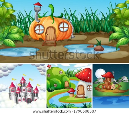 Four different scene of fantasy world with fantasy places such as pumpkin house and mushroom house illustration