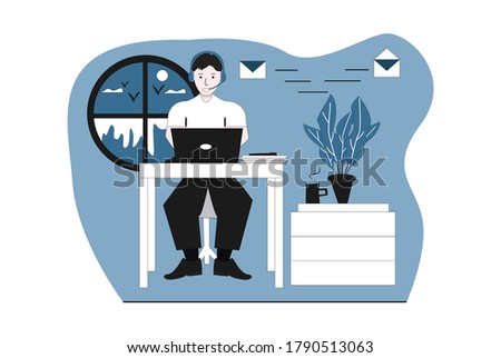 Online customer support, feedback, assistance and answering questions on the internet, man with headphones and microphone working at laptop, vector illustration
