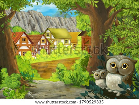 Cartoon scene with owls in the forest and path to farm ranch - illustration for children