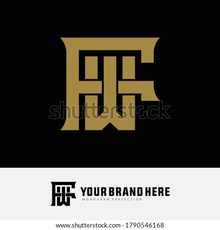 Initial letter F, W, FW or WF overlapping, interlock, monogram logo, gold color on black background