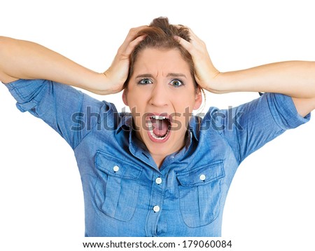 Closeup portrait of young shocked, horrified, pretty woman worried, stressed with hands on face, head, in full disbelief, isolated on white background. Negative emotions, facial expressions, feelings