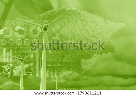 wind turbine overlay with plant leaf and data infographic for eco green energy environmental friendly power technology data science and research background concept Royalty-Free Stock Photo #1790611211