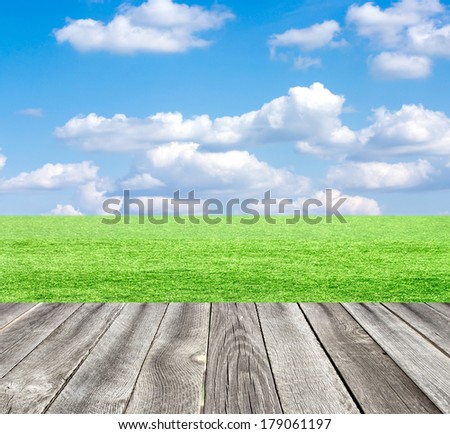 Green field under blue sky. Wood planks floor.