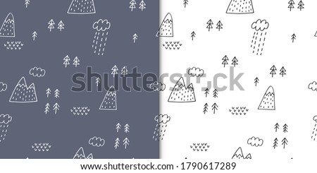 Baby seamless vector pattern. Mountains, forestand clouds. Creative scandinavian kids pattern for fabric, textile, wallpaper, apparel. Vector illustration in blue colours.