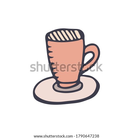 Cup and saucer in color isolated on white background. Doodle template for postcard, banner, poster, web design. Hand Drawn vector illustration.