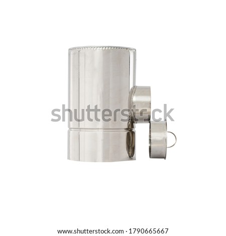 stainless steel part, pipe for a chimney, isolated on perfect white background, stock photography