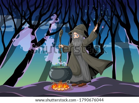 Wizard or witch with magic pot on dark forest scene illustration