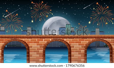 River scene with celebration fireworks illustration