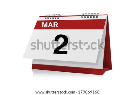 March 2 desktop calendar isolated on white background with clipping path.