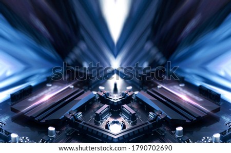Abstract neon tech background. Light tunnel, rays. Engineering programming, symmetrical reflection.