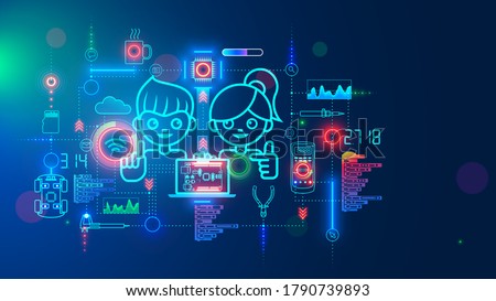 Electronics engineering and hardware programming learning for teens. Boy and Girl coding on laptop in online school for child education of creating electronic robots. Happy kids on science lesson. Royalty-Free Stock Photo #1790739893