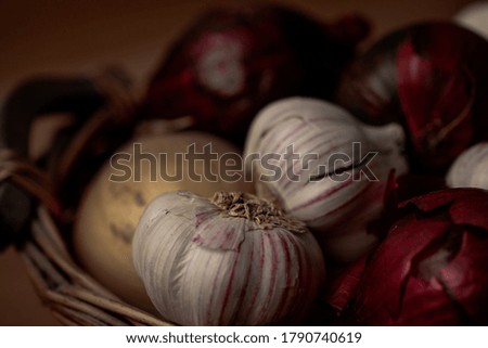 Low key photo of garlic and onions