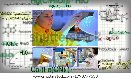 Scientific Background Photo Collage. Collage of Photographs Showing Researchers Working in a Laboratory Over Background with Chemical Formulas. Laboratory Testing.