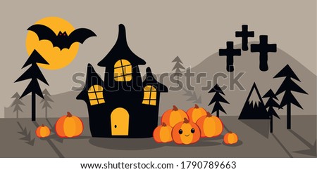 
Drawing for Halloween, holiday card. Scary witch castle, pumpkins, forest, bats, night, moon, crosses in the cemetery. Hand drawn flat illustration.
