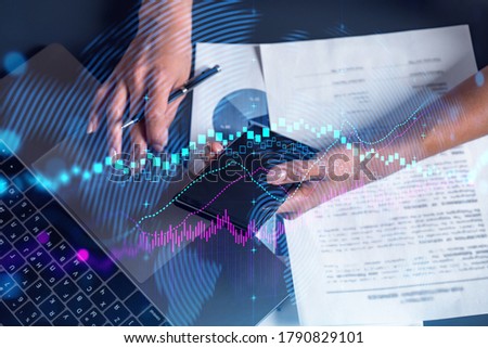 Forex chart drawing and a woman signing contract use phone. Multiexposure. Financial analysis concept.