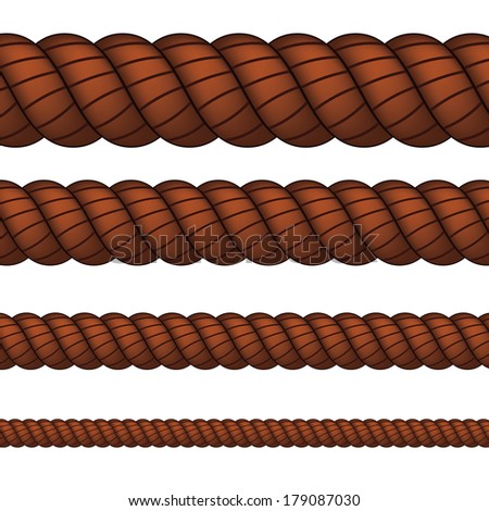 Four brown ropes in different sizes on white background.