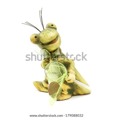 Little frog toy with seine on a white background.
