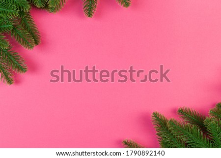 Top view of colorful festive background made of fir tree branch. Christmas holiday concept with copy space.