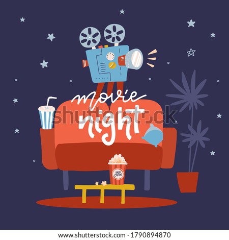 Movie night flat design illustration. Concept design on home movie watching with sofa,popcorn,film projector. For web, graphic,motion design.
