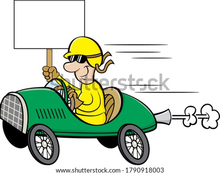 Cartoon illustration of a man wearing a helmet and goggles driving a race car and holding a sign.