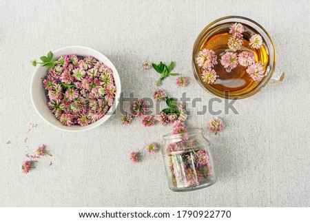 Freshly brewed herbal clover tea in glass mug, heap of flowerheads on light gray background, top view. Horizontal image