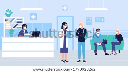 People wait in hospital hall interior vector illustration. Cartoon flat patient woman man characters in masks sitting in doctor reception room, waiting for doctoral exam. Medical healthcare background Royalty-Free Stock Photo #1790923262