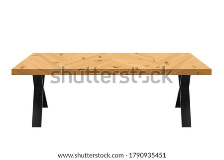 Empty wooden tabletop isolated on white background. For your product placement or montage with focus to the table top in the foreground