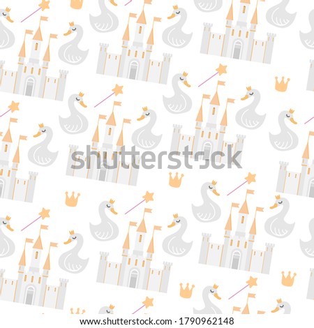 swan and castle seamless pattern on the white background