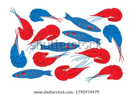 Seafood in flat abstract vector. Shrimps or lobster, fish illustration. Seafood concept on white background. Lobster, crab modern still life. Vector design for fish platters, shrimps or lobster crab.