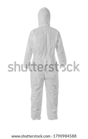 AAMI level 3 PP+ PE Disposable Protective Coverall Knit Cuffs Attached Hood White  Royalty-Free Stock Photo #1790984588