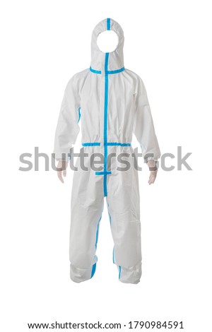 AAMI level 3 PP+ PE Disposable Protective Coverall Knit Cuffs Attached Hood White  Royalty-Free Stock Photo #1790984591