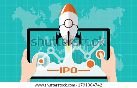 IPO or Initial Public Offering corporate stock market, company growth concept. Design by financial charts elements and rocket flying on gaming tablet. Vector of startup investment strategy style Royalty-Free Stock Photo #1791004742