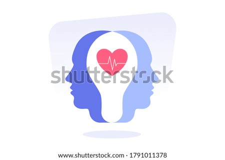 Human heads silhouette with medical heart shape icon. Cognitive psychology or psychiatry. Healthcare or healthy lifestyle. Modern isolated flat vector illustration