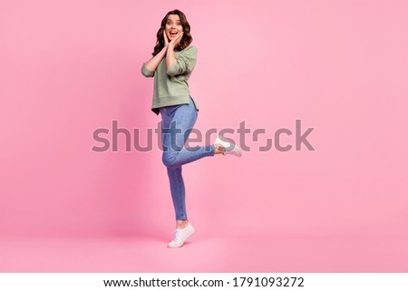 Full body photo enthusiastic astonished girl look good wonderful black friday bargain information impressed scream touch hands face wear sweater sneakers isolated pastel color background Royalty-Free Stock Photo #1791093272