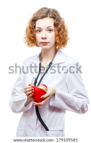 cute redhead doctor in lab coat with heart isolated on white background
