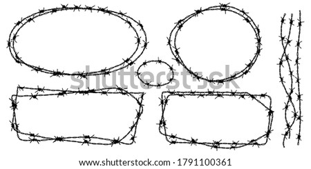 Twisted barbed wire silhouettes set in rounded and square shapes. Vector illustration of steel black wire barb fence frames. Concept of protection, danger or security Royalty-Free Stock Photo #1791100361