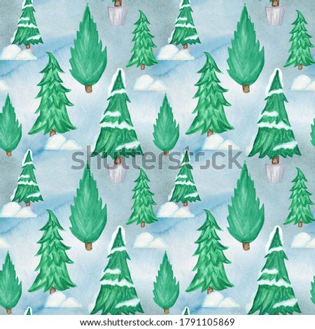 New Year Christmas tree watercolor Seamless pattern background. Hand drawn Illustration for vintage card, scrapbook paper, fabric design texture. Watercolor Winter nature illustration.