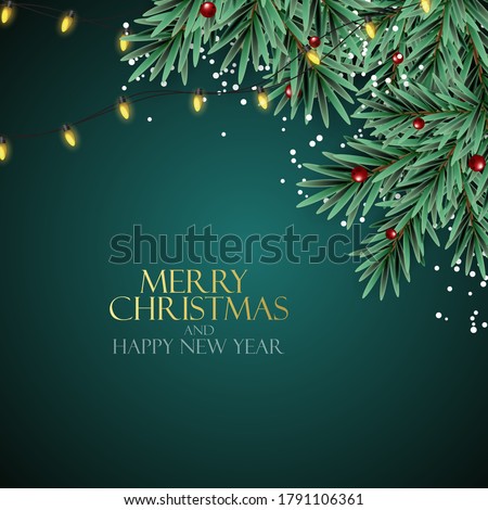 Holiday New Year and Merry Christmas Background with realistic Christmas tree. Vector Illustration EPS10
