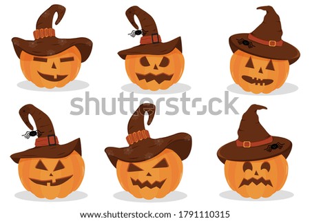 Set of Halloween Pumpkins with a hat on white background.  Halloween pumpkin, funny scared face in a hat. Light background. Holiday decoration. Icon collection.