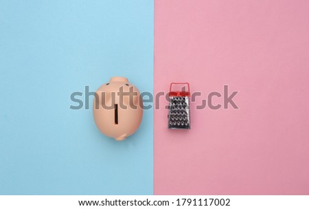 Piggy bank and mini graters on pink blue pastel background. Top view