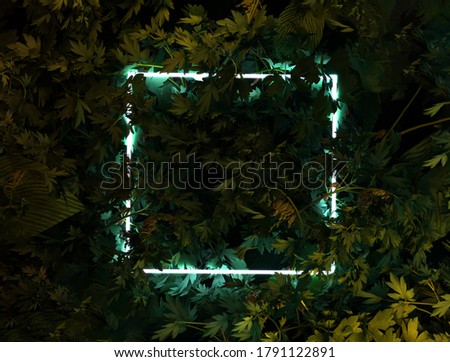 Neon light template. 3d rendering of white square neon light with tropical leaves. Flat lay of minimal nature style concept. Neon leaf, party, christmas background concept, leaves wallpaper. 