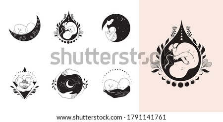Motherhood, maternity, babies and pregnant women logos, collection of fine, hand drawn pregnancy vector illustrations and icons  Royalty-Free Stock Photo #1791141761