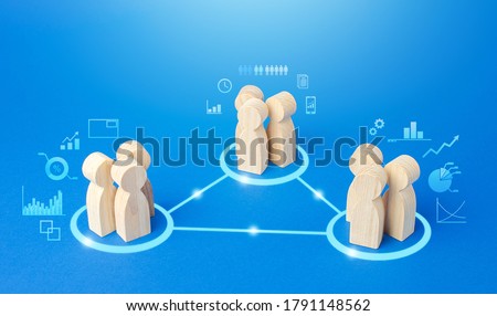 Three groups of people are connected by lines. Coordination and knowledge sharing. Outsourcing. Business model of autonomous groups. Self-organization structure innovation. High company team autonomy Royalty-Free Stock Photo #1791148562