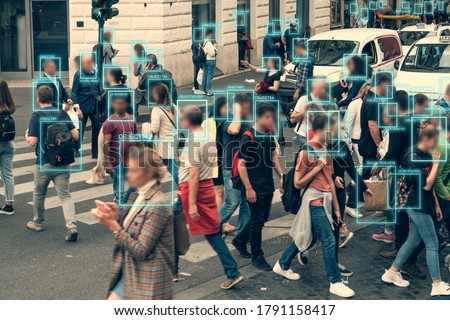 Face detection and recognition of citizens people, AI collect and analyze human data. Artificial intelligence AI concept as technology for safe city in future. Royalty-Free Stock Photo #1791158417