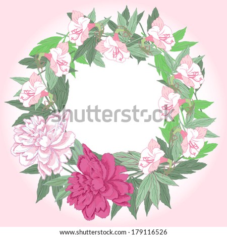Wreath with pink  peonies and flowers. Vector illustration