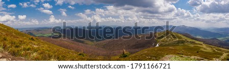 Hiking trails in bieszczady national park. View from a summit, panorama photo.
