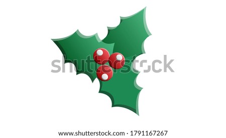 Twig of holly with leaves and berries on white background. Happy new year decoration. Merry christmas holiday. New year and xmas celebration. Vector illustration in flat style.