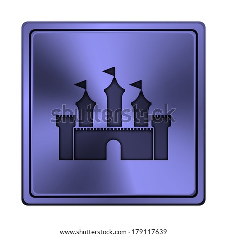 Square metallic icon with carved design on blue background